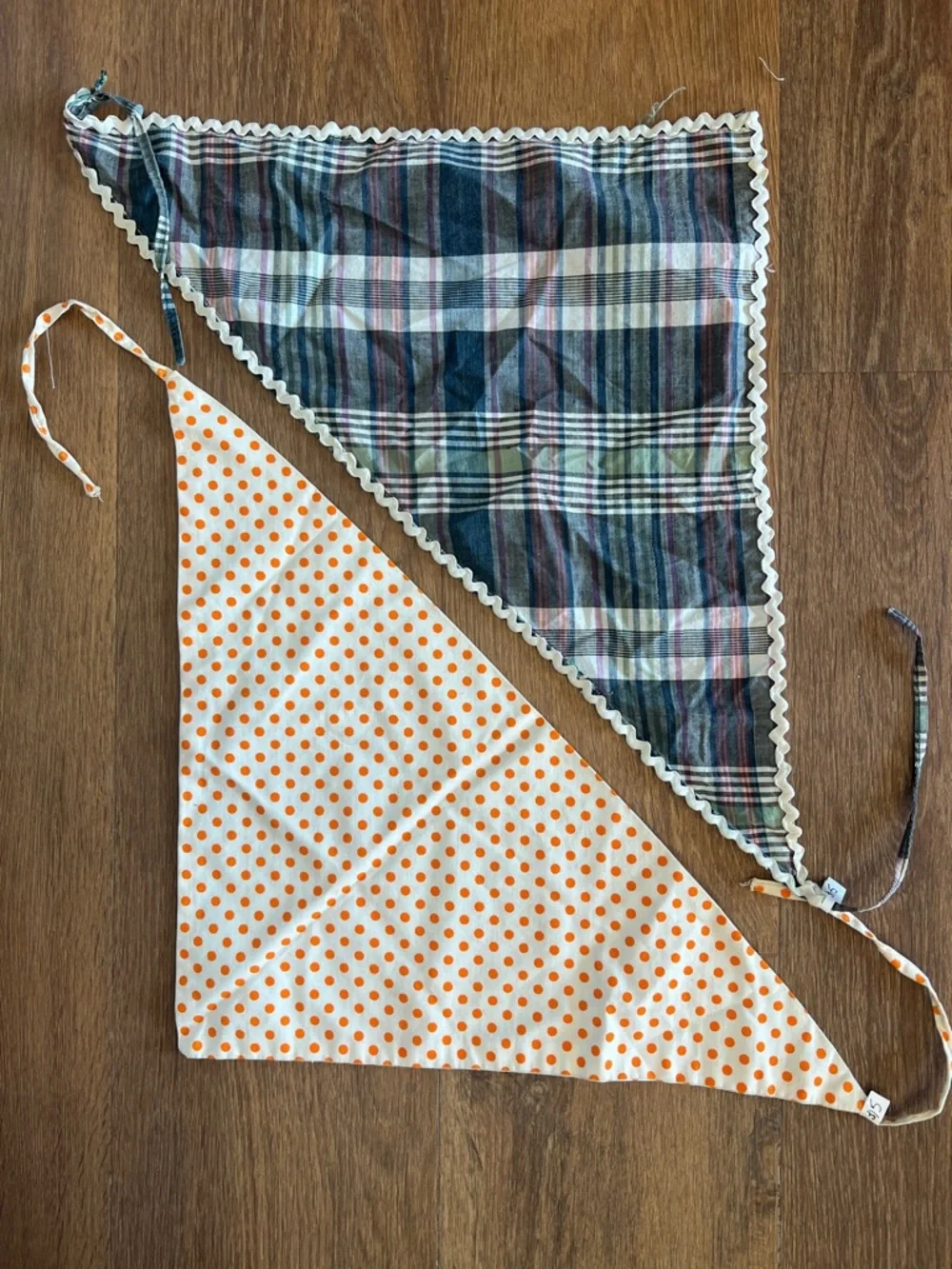 Vintage pair of Reversible Triangle Bandana Scarves — Plaid & Orange Polka Dot - Picture 2 of 5